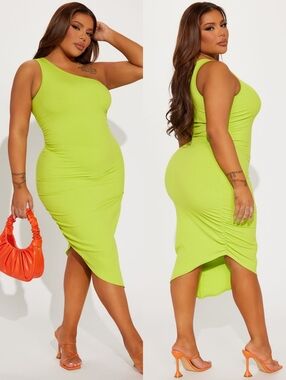 FASHION NOVA | Lena One Shoulder Midi Dress - Lime